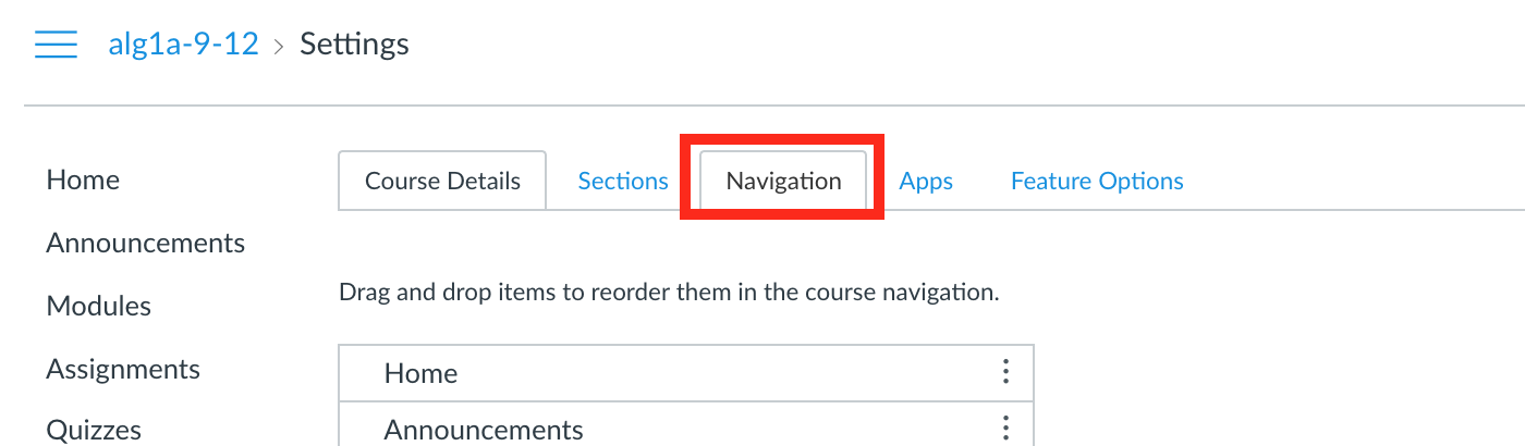 location of Navigation tab in Canvas Settings